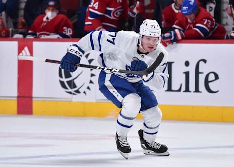 MONTREAL, QC – MAY 03: Adam Brooks #77 of the Toronto Maple Leafs  (Photo by Minas Panagiotakis/Getty Images)