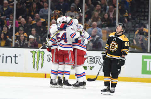 BOSTON, MA – JANUARY 19: The New York Rangers celebrate a goal against the Boston Bruins at the TD Garden on January 19, 2019 in Boston, Massachusetts. (Photo by Steve Babineau/NHLI via Getty Images)