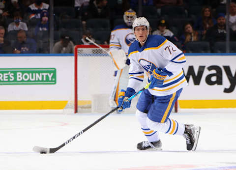 ELMONT, NEW YORK – DECEMBER 30: Tage Thompson #72 of the Buffalo Sabres skates against the New York Islanders at the UBS Arena on December 30, 2021 in Elmont, New York. (Photo by Bruce Bennett/Getty Images)