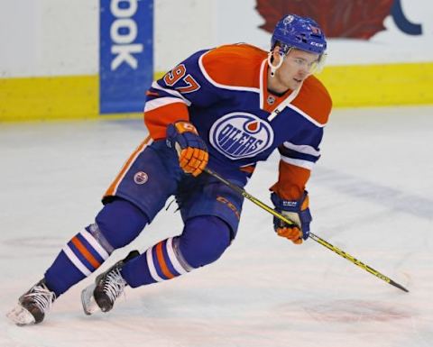 Feb 2, 2016; Edmonton, Alberta, CAN; Edmonton Oilers forward Connor McDavid (97) skates during warmup against the Columbus Blue Jackets at Rexall Place. Mandatory Credit: Perry Nelson-USA TODAY Sports