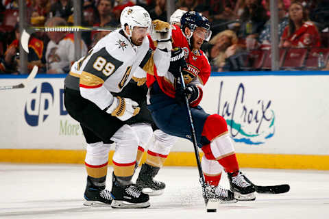 SUNRISE, FL – FEBRUARY 2: Alex Tuch #89 of the Vegas Golden Knights tangles with Mike Hoffman #68 of the Florida Panthers at the BB&T Center on February 2, 2019 in Sunrise, Florida. (Photo by Eliot J. Schechter/NHLI via Getty Images)