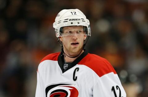 ANAHEIM, CA – DECEMBER 11: Eric Staal #12 of the Carolina Hurricanes looks on during a game against the Anaheim Ducks at Honda Center on December 11, 2015, in Anaheim, California. (Photo by Sean M. Haffey/Getty Images)