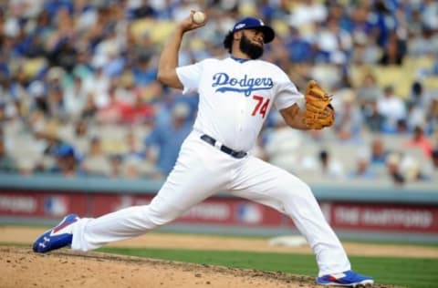 Oct 10, 2016; Los Angeles, CA, USA; Los Angeles Dodgers relief pitcher Kenley Jansen (74) pitches during the ninth inning against the Washington Nationals in game three of the 2016 NLDS playoff baseball series at Dodger Stadium. Mandatory Credit: Gary A. Vasquez-USA TODAY Sports