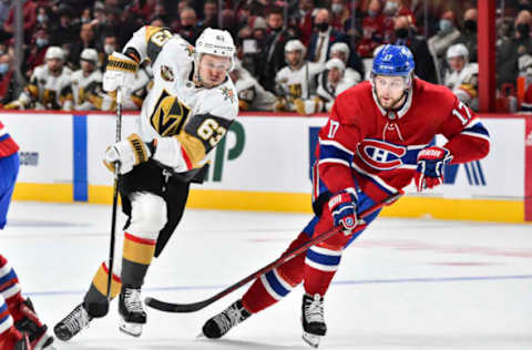 Evgenii Dadonov #63 of the Vegas Golden Knights and Josh Anderson #17 of the Montreal Canadiens (Photo by Minas Panagiotakis/Getty Images)