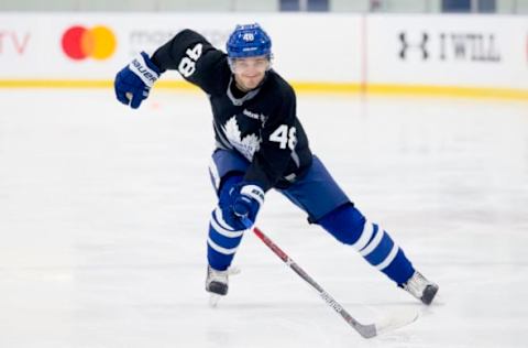 TORONTO, ON – JULY 7 – Timothy Liljegren skates during the Toronto Maple Leafs rookie camp held at the MasterCard Centre for Hockey Excellence on July 7, 2017. (Carlos Osorio/Toronto Star via Getty Images)