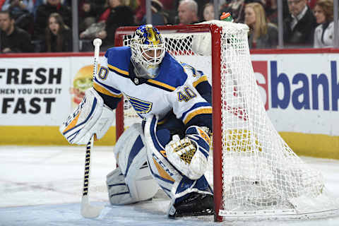 CHICAGO, IL – APRIL 06: Goalie Carter Hutton #40 of the St. Louis Blues guards the net in the first period against the Chicago Blackhawks at the United Center on April 6, 2018 in Chicago, Illinois. The St. Louis Blues defeated the Chicago Blackhawks 4-1. (Photo by Bill Smith/NHLI via Getty Images)