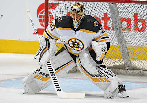 TORONTO, ON – APRIL 21: Tuukka Rask #40 of the Boston Bruins warms up prior to action against the Toronto Maple Leafs  . (Photo by Claus Andersen/Getty Images)