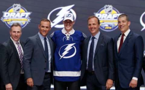 Jun 24, 2016; Buffalo, NY, USA; Brett Howden poses for a photo after being selected as the number twenty-seven overall draft pick by the Tampa Bay Lightning in the first round of the 2016 NHL Draft at the First Niagra Center. Mandatory Credit: Timothy T. Ludwig-USA TODAY Sports