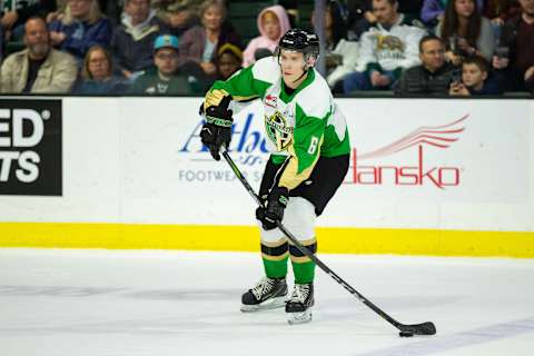 Defenseman Kaiden Guhle #6 of the Prince Albert Raiders(Photo by Christopher Mast/Getty Images)