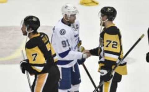 May 26, 2016; Pittsburgh, PA, USA; Tampa Bay Lightning center Steven Stamkos (91) shakes hands with Pittsburgh Penguins right wing Patric Hornqvist (72) following game seven of the Eastern Conference Final of the 2016 Stanley Cup Playoffs at Consol Energy Center. Pittsburgh won 2-1. Mandatory Credit: Don Wright-USA TODAY Sports