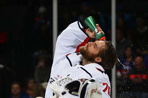 UNIONDALE, NEW YORK – JANUARY 18: Braden Holtby #70 of the Washington Capitals cools off during the game against the New York Islanders at NYCB Live’s Nassau Coliseum on January 18, 2020 in Uniondale, New York. (Photo by Mike Stobe/NHLI via Getty Images)