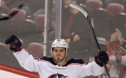 Feb 24, 2022; Sunrise, Florida, USA; Columbus Blue Jackets center Cole Sillinger (34) celebrates his goal against the Florida Panthers during the third period at FLA Live Arena. Mandatory Credit: Jasen Vinlove-USA TODAY Sports