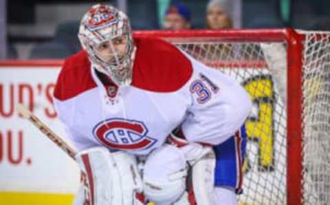 Oct 30, 2015; Calgary, Alberta, CAN; Montreal Canadiens goalie Carey Price (31) warms up prior to the game against the Calgary Flames at Scotiabank Saddledome. Mandatory Credit: Sergei Belski-USA TODAY Sports