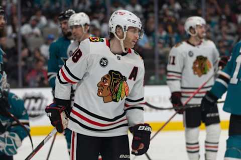 Apr 23, 2022; San Jose, California, USA; Chicago Blackhawks right wing Patrick Kane (88) during the third period against the San Jose Sharks at SAP Center at San Jose. Mandatory Credit: Stan Szeto-USA TODAY Sports