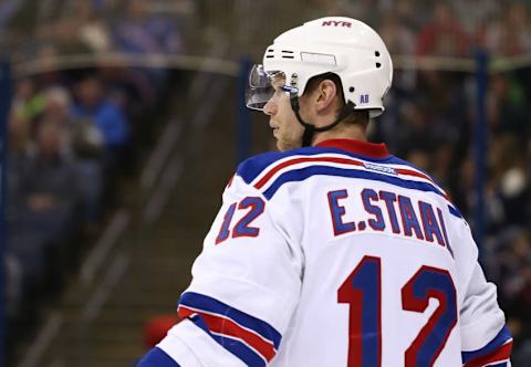 Apr 4, 2016; Columbus, OH, USA; New York Rangers center Eric Staal (12) against the Columbus Blue Jackets at Nationwide Arena. The Rangers won 4-2. Mandatory Credit: Aaron Doster-USA TODAY Sports