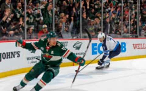 ST. PAUL, MN – APRIL 02: Zach Parise #11 of the Minnesota Wild celebrates his 2nd goal of the night in the 1st period during a game with the Winnipeg Jets at Xcel Energy Center on April 2, 2019 in St. Paul, Minnesota.(Photo by Bruce Kluckhohn/NHLI via Getty Images)