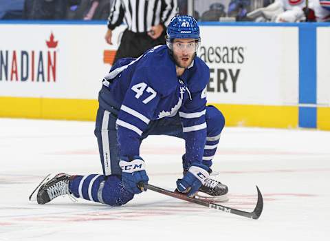 TORONTO, ON – MAY 31: Pierre Engvall #47 of the Toronto Maple Leafs  . (Photo by Claus Andersen/Getty Images)