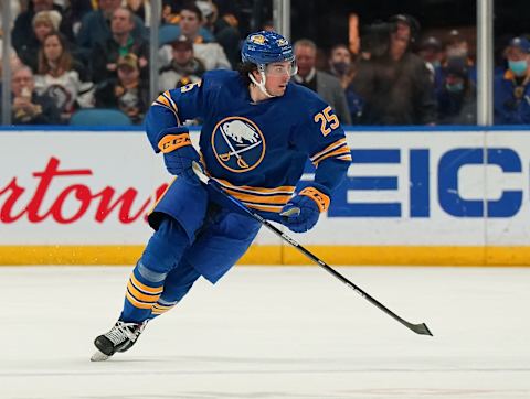 BUFFALO, NY – APRIL 14: Owen Power #25 of the Buffalo Sabres playing in his home debut NHL 1st overall pick against the St. Louis Blues at KeyBank Center on April 14, 2022 in Buffalo, New York. (Photo by Kevin Hoffman/Getty Images)