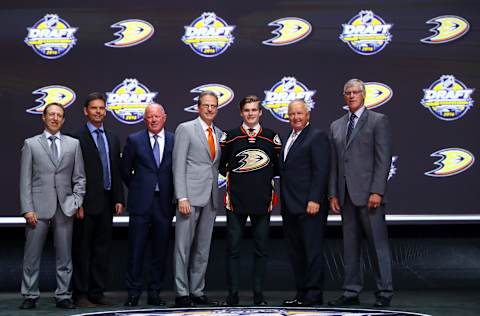 BUFFALO, NY – JUNE 24: Sam Steel celebrates with the Anaheim Ducks after being selected 30th overall during round one of the 2016 NHL Draft on June 24, 2016 in Buffalo, New York. (Photo by Bruce Bennett/Getty Images)