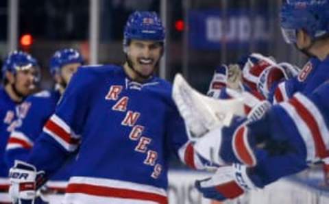 May 4, 2017; New York, NY, USA; New York Rangers left wing Chris Kreider (20) celebrates scoring a goal against the Ottawa Senators during the third period in game four of the second round of the 2017 Stanley Cup Playoffs at Madison Square Garden. Mandatory Credit: Adam Hunger-USA TODAY Sports