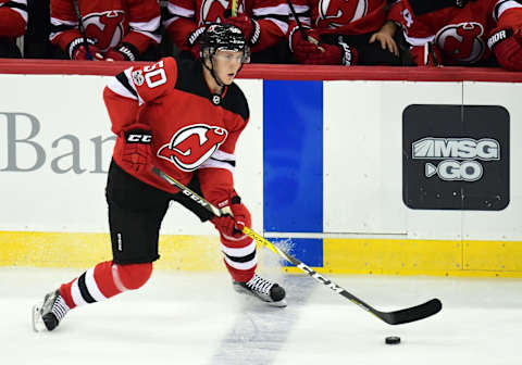 NEWARK, NJ – SEPTEMBER 23: New Jersey Devils defensemen Viktor Loov (50) skates with the puck during a preseason NHL game between the New Jersey Devils and New York Rangers on September 23, 2017 at Prudential Center in Newark, NJ. The Devils defeated the Rangers 2-1.(Photo by Nick Wosika/Icon Sportswire via Getty Images)