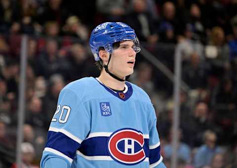 Jan 9, 2023; Montreal, Quebec, CAN; Montreal Canadiens forward Juraj Slafkovsky. Mandatory Credit: Eric Bolte-USA TODAY Sports