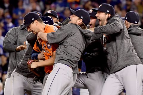 LOS ANGELES, CA – NOVEMBER 01: Charlie Morton #50 of the Houston Astros celebrates with teammates after defeating the Los Angeles Dodgers in game seven with a score of 5 to 1 to win the 2017 World Series at Dodger Stadium on November 1, 2017 in Los Angeles, California. (Photo by Harry How/Getty Images)