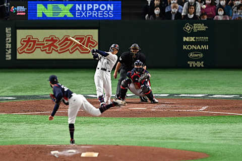 Red Sox signee Masataka Yoshida hits a two-run double against the Czech Republic. (Photo by Kenta Harada/Getty Images)