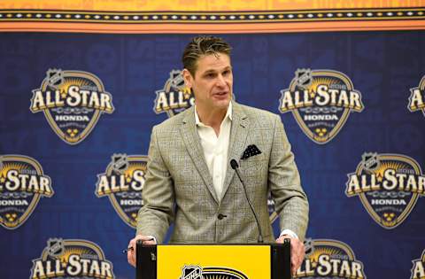 NASHVILLE, TN – JANUARY 29: Former NHL player Stu Grimson speaks onstage at the NHL Legacy Program event to unveil renovated space at the Nashville Inner City Ministry as part of the 2016 NHL All-Star Legacy Family Life Center on January 29, 2016 in Nashville, Tennessee. (Photo by Patrick McDermott/NHLI via Getty Images)