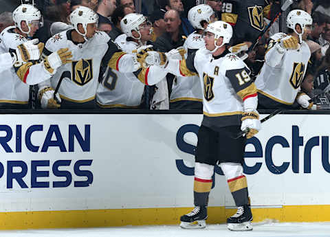 LOS ANGELES, CA – OCTOBER 13: Reilly Smith #19 of the Vegas Golden Knights celebrates his first-period goal with the bench during the game against the Los Angeles Kings at STAPLES Center on October 13, 2019 in Los Angeles, California. (Photo by Juan Ocampo/NHLI via Getty Images)