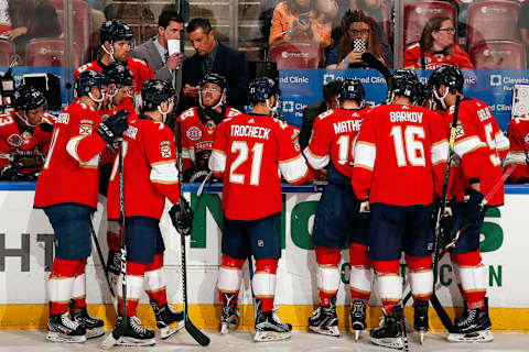 SUNRISE, FL – APRIL 1: Florida Panthers Head Coach Bob Boughner chats with Assistant Coach Paul McFarland during a break in the action against the Washington Capitals at the BB&T Center on April 1, 2019 in Sunrise, Florida. (Photo by Eliot J. Schechter/NHLI via Getty Images)