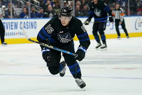 Mar 29, 2023; Toronto, Ontario, CAN; Toronto Maple Leafs forward Mitchell Marner (16) skates against the Florida Panthers during the first period at Scotiabank Arena. Mandatory Credit: John E. Sokolowski-USA TODAY Sports