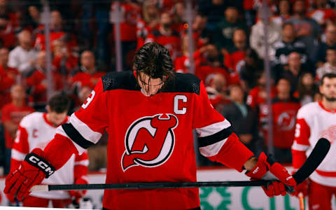 Nico Hischier prior to puck drop during the Devils’ home opener. (Photo by Bruce Bennett/Getty Images)