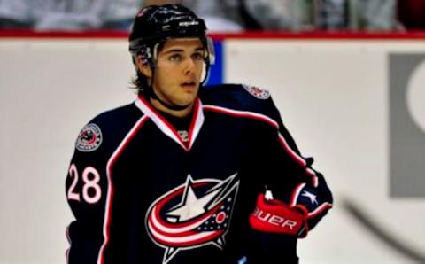 Oct. 11, 2009; Glendale, AZ, USA; Columbus Blue Jackets left wing Nikita Filatov (28) prior to the game against the Phoenix Coyotes at University of Phoenix Stadium. Mandatory Credit: Matt Kartozian-USA TODAY Sports