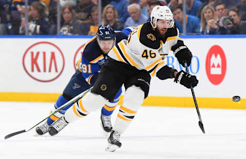 ST LOUIS, MISSOURI – JUNE 03: David Krejci #46 of the Boston Bruins is chased by Vladimir Tarasenko #91 of the St. Louis Blues during the first period of Game Four of the 2019 NHL Stanley Cup Final at Enterprise Center on June 03, 2019 in St Louis, Missouri. (Photo by Brian Babineau/NHLI via Getty Images)