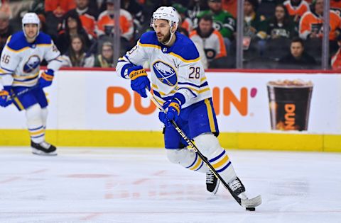 Mar 17, 2023; Philadelphia, Pennsylvania, USA; Buffalo Sabres left wing Zemgus Girgensons (28) controls the puck against the Philadelphia Flyers in the first period at Wells Fargo Center. Mandatory Credit: Kyle Ross-USA TODAY Sports