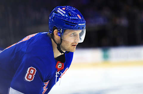 Dec 12, 2021; New York, New York, USA; New York Rangers defenseman Jacob Trouba (8) awaits a face-off against the Nashville Predators during the third period at Madison Square Garden. Mandatory Credit: Danny Wild-USA TODAY Sports