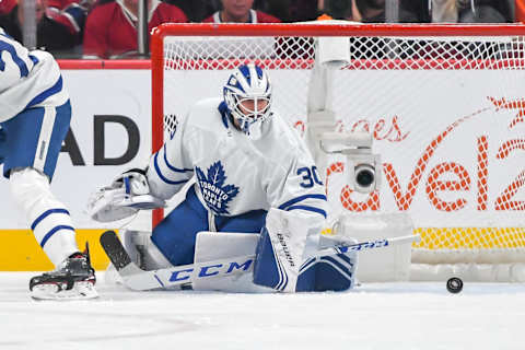 MONTREAL, QUEBEC – OCTOBER 26: Michael Hutchinson #30 of the Toronto Maple Leafs  . (Photo by Stephane Dube /Getty Images)