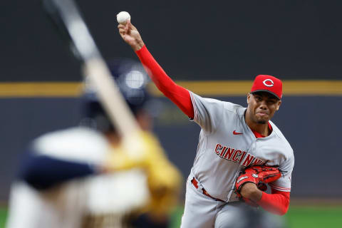 MILWAUKEE, WISCONSIN – MAY 05: Hunter Greene #21 of the Cincinnati Reds throws a pitch in the first inning against the Milwaukee Brewers at American Family Field on May 05, 2022 in Milwaukee, Wisconsin. (Photo by John Fisher/Getty Images)