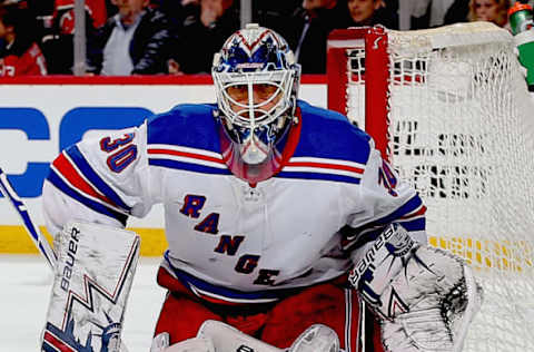 NEWARK, NJ – APRIL 01: Henrik Lundqvist #30 of the New York Rangers defends his net against the New Jersey Devils during the game at Prudential Center on April 1, 2019 in Newark, New Jersey. (Photo by Andy Marlin/NHLI via Getty Images)