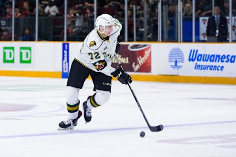 OTTAWA, ON – MARCH 04: London Knights Defenceman Alec Regula (72) skates the puck into the attacking zone during Ontario Hockey League action between the London Knights and Ottawa 67’s on March 4, 2018, at TD Place Arena in Ottawa, ON, Canada. (Photo by Richard A. Whittaker/Icon Sportswire via Getty Images)