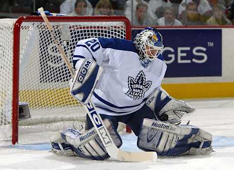 TORONTO – APRIL 12: Goalie Ed Belfour #20 of the Toronto Maple Leafs. (Photo By Dave Sandford/Getty Images)