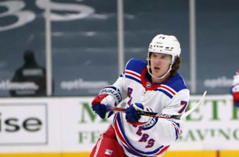 UNIONDALE, NEW YORK – APRIL 11: Vitali Kravtsov #74 of the New York Rangers skates against the New York Islanders at the Nassau Coliseum on April 11, 2021, in Uniondale, New York. The Islanders defeated the Rangers 3-2 in overtime. (Photo by Bruce Bennett/Getty Images)