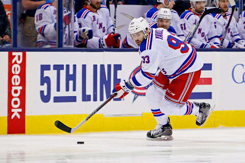 COLUMBUS, OH – APRIL 4: Keith Yandle #93 of the New York Rangers controls the puck during the game against the Columbus Blue Jackets on April 4, 2016 at Nationwide Arena in Columbus, Ohio. (Photo by Kirk Irwin/Getty Images)