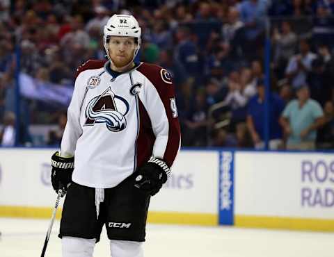 Oct 29, 2015; Tampa, FL, USA; Colorado Avalanche left wing Gabriel Landeskog (92) against the Tampa Bay Lightning during the first period at Amalie Arena. Mandatory Credit: Kim Klement-USA TODAY Sports