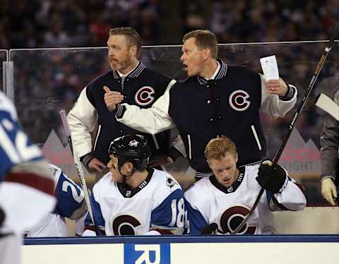 DENVER, CO – FEBRUARY 27: (l-r) Head coach Patrick Roy and assistant coach Tim Army of the Colorado Avalanche handle bench duties against the Detroit Red Wings at Coors Field during the 2016 Coors Light Stadium Series game on February 27, 2016 in Denver, Colorado. (Photo by Doug Pensinger/Getty Images)