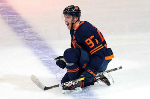 May 14, 2022; Edmonton, Alberta, CAN; Edmonton Oilers forward Connor McDavid (97) celebrates after scoring against the Los Angeles Kings during the third period in game seven of the first round of the 2022 Stanley Cup Playoffs at Rogers Place. Mandatory Credit: Perry Nelson-USA TODAY Sports