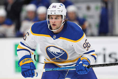 BOSTON, MA – APRIL 13: Anders Bjork #96 of the Buffalo Sabres looks on during a game against the Boston Bruins at TD Garden on April 13, 2021 in Boston, Massachusetts. (Photo by Adam Glanzman/Getty Images)