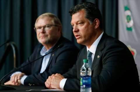 ST. PAUL, MN – AUGUST 22: Craig Leipold, owner of the Minnesota Wild, listens as Bill Guerin answers questions from the media as the new general manager for the team at a press conference at Xcel Energy Center on August 22, 2019, in St. Paul, Minnesota. (Photo by Bruce Kluckhohn/NHLI via Getty Images)