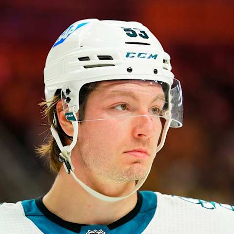 Apr 24, 2022; Las Vegas, Nevada, USA; San Jose Sharks defenseman Nicolas Meloche (53) during the second period at T-Mobile Arena. Mandatory Credit: Lucas Peltier-USA TODAY Sports